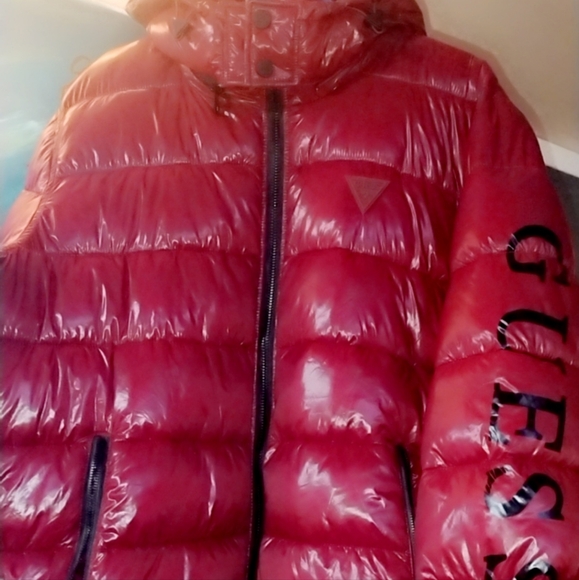 NWT Women's Guess Red puffer jacket with a hood. Zipper closure. Two pockets - Picture 2 of 2